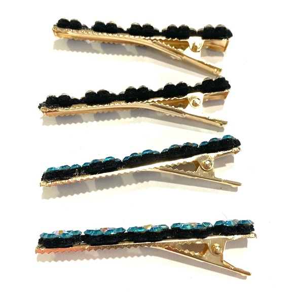 Hair Clips Clear And Blue Rhinestone Flowers Gold Tone Set Of 4 - Picture 4 of 4